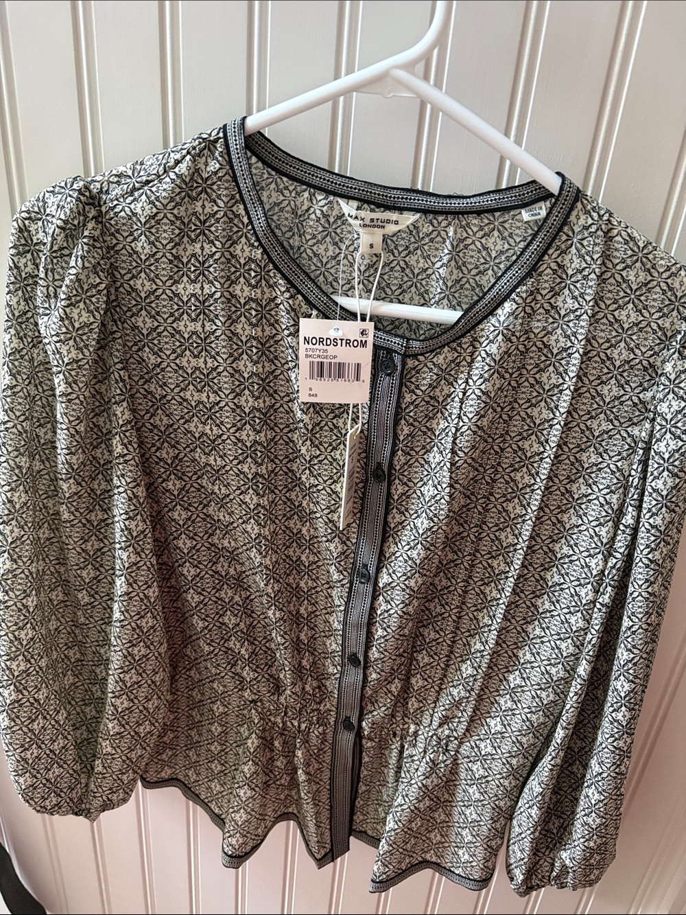 Max Studio Black and Cream Button-Down Printed Blouse-NWT